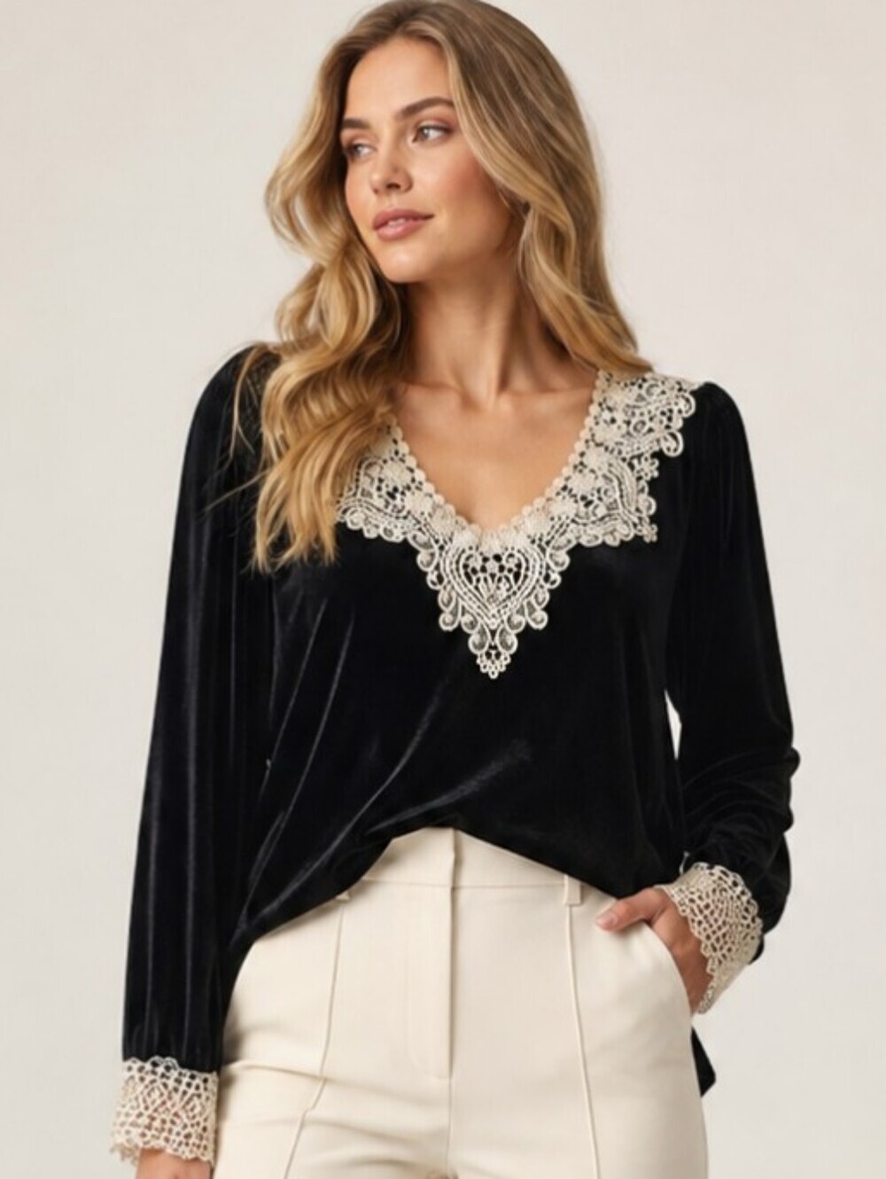 Black Velvet Ivory Lace Trim Blouse 2XL Romantic Victorian Style - Like New
